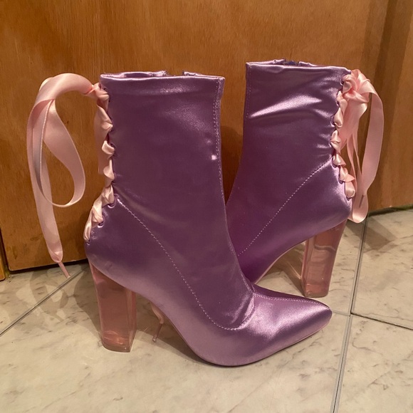 Dolls Kill Purple satin lace up heeled booties 💜 Brand new, never worn - Picture 1 of 16